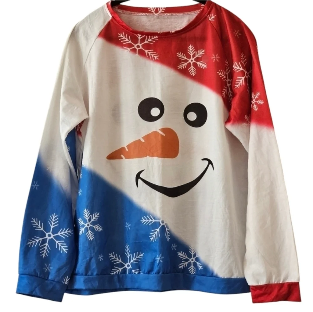 RED WHITE BLUE SNOW MAN & SNOWFLAKES LONG SLEEVE CHRISTMAS TOP WOMEN'S SIZE L-XL - Picture 1 of 2